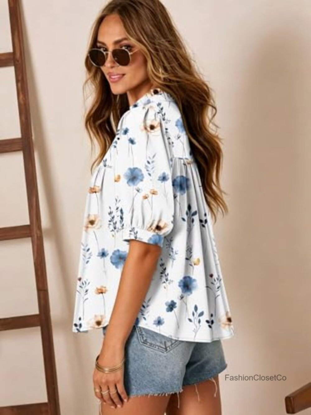 Puff Sleeve Ruffle V Neck Peasant Blouse Top Polyester - Picture 2 of 5